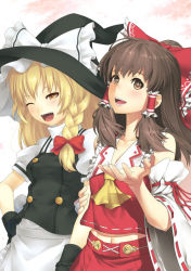 Rule 34 | 2girls, aka (shoumae), arm grab, holding another&#039;s arm, blonde hair, bow, braid, brown eyes, brown hair, buttons, collaboration, detached sleeves, female focus, friends, hair bow, hakurei reimu, hat, japanese clothes, kirisame marisa, kunieda, long hair, miko, multiple girls, side braid, smile, touhou, witch, witch hat