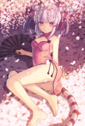 Rule 34 | 1girl, absurdres, animal ears, armpits, bare shoulders, barefoot, breasts, cherry blossoms, china dress, chinese clothes, cleavage, cleavage cutout, clothing cutout, dress, hand fan, folding fan, hair ornament, haku (p&amp;d), highres, light purple hair, looking at viewer, lying, medium breasts, multicolored hair, on side, panties, pantyshot, petals, purple hair, puzzle &amp; dragons, red eyes, short hair, solo, squallea, striped tail, tail, tiger ears, tiger tail, two-tone hair, underwear, white panties
