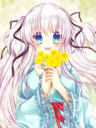Rule 34 | 1girl, :d, black ribbon, blue eyes, blue jacket, blush, breasts, collarbone, dress, flower, frilled sleeves, frills, hair between eyes, hair ribbon, hands up, highres, holding, holding flower, jacket, long hair, mabinogi, medium breasts, nao (mabinogi), official alternate costume, open mouth, red ribbon, ribbon, ribbon-trimmed sleeves, ribbon trim, shararan, sidelocks, smile, solo, straight-on, twintails, very long hair, white dress, white hair, yellow flower