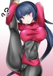 Rule 34 | 1girl, ?, ??, black bodysuit, black hair, blunt bangs, blush, bodysuit, breasts, cameltoe, commentary request, covered navel, creatures (company), crop top, floating hair, game freak, gloves, gym leader, highres, large breasts, leg hold, long hair, long sleeves, looking at viewer, nintendo, open mouth, pokemon, pokemon frlg, red eyes, red skirt, sabrina (pokemon), skin tight, skirt, solo, split, standing, standing on one leg, standing split, sumida kichi, white gloves