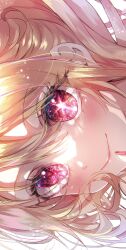 Rule 34 | 1girl, blonde hair, blush, close-up, closed mouth, commentary request, hair between eyes, highres, hoshino ruby, oshi no ko, pinapo 25, red eyes, red nails, sideways, smile, solo, star (symbol), star in eye, symbol in eye