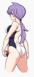 Rule 34 | 1girl, ahoge, anabel (pokemon), ass, breasts, bright pupils, commentary request, competition swimsuit, cowboy shot, creatures (company), earrings, game freak, grey background, highres, jewelry, large breasts, long hair, looking back, low ponytail, nintendo, one-piece swimsuit, parted lips, poke ball, poke ball (basic), pokemon, pokemon sm, profile, purple eyes, purple hair, sakuraidai, simple background, smile, solo, stud earrings, swimsuit, white pupils