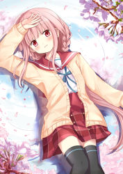 Rule 34 | 1girl, aqua ribbon, arm at side, black thighhighs, blunt bangs, blush, braid, buttons, cardigan, dutch angle, falling petals, feet out of frame, flower, french braid, hand on own head, highres, kamihama university affiliated school uniform, long hair, long sleeves, looking at viewer, low-tied long hair, low ponytail, lying, magia record: mahou shoujo madoka magica gaiden, mahou shoujo madoka magica, miniskirt, neck ribbon, on back, open cardigan, open clothes, parted lips, petals, pink eyes, pink flower, pink hair, plaid, plaid skirt, pleated skirt, red sailor collar, red skirt, ribbon, rikopin, sailor collar, sailor shirt, school uniform, serafuku, shirt, side braids, sidelocks, skirt, solo, tamaki iroha, thighhighs, twin braids, white shirt, yellow cardigan