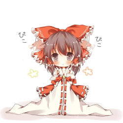 Rule 34 | 1girl, bad id, bad pixiv id, bare shoulders, blush, bow, brown eyes, brown hair, chibi, detached sleeves, dress, female focus, flapping, hair bow, hakurei reimu, japanese clothes, long sleeves, miko, pasutel, red dress, solo, touhou, white background