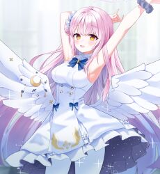 Rule 34 | 1girl, absurdres, armpits, arms up, blue archive, breasts, commentary request, hair ornament, halo, highres, long hair, looking at viewer, medium breasts, mika (blue archive), my0li, open mouth, pantyhose, pink hair, ribbon, scrunchie, simple background, sleeveless, uniform, white background, wings, yellow eyes