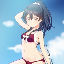 Rule 34 | 1girl, alternate hairstyle, arm up, bikini, blue hair, blush, breasts, cleavage, commentary request, hair between eyes, long hair, looking at viewer, love live!, love live! school idol festival, love live! school idol project, medium breasts, navel, one-hour drawing challenge, ponytail, red bikini, ribbon, scrunchie, simple background, skull573, smile, solo, sonoda umi, swimsuit, yellow eyes