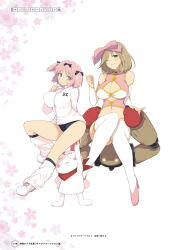 Rule 34 | 2girls, armpits, blonde hair, blush, border, bow, breasts, bridal gauntlets, brown hair, buruma, buttons, cleavage, cleavage cutout, clothing cutout, coat, concept art, crop top, curly hair, curvy, fingerless gloves, floral background, flower, full body, garter straps, gloves, green eyes, grey hair, hair bow, hair ornament, hair ribbon, half-closed eyes, halterneck, happy, haruka (senran kagura), hibari (senran kagura), high collar, high heels, highres, lab coat, large breasts, legs together, long sleeves, looking at viewer, midriff, multiple girls, navel, official art, open clothes, open coat, open mouth, outline, page number, panties, pink hair, pocket, rabbit, ribbon, scan, senran kagura, shoes, short hair, simple background, skindentation, sleeves past wrists, smile, sneakers, socks, standing, symbol-shaped pupils, test tube, thighhighs, thighs, turtleneck, unbuttoned, underwear, white background, white panties, white thighhighs, yaegashi nan, zipper