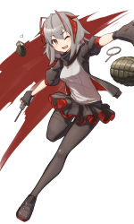 Rule 34 | 1girl, ;d, arknights, black pantyhose, black skirt, breasts, commentary, detonator, explosive, fingerless gloves, frilled skirt, frills, full body, gloves, grenade, grenade pin, grey hair, hair between eyes, highres, holding, horns, jacket, kirishima naruse, knee up, multicolored hair, one eye closed, open clothes, open jacket, open mouth, outstretched hand, pantyhose, puffy short sleeves, puffy sleeves, red hair, short hair, short sleeves, simple background, skirt, smile, solo, standing, standing on one leg, teeth, two-tone background, two-tone hair, upper teeth only, w (arknights), white background