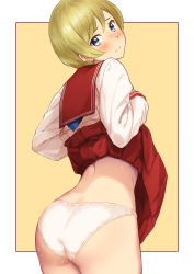 Rule 34 | 1girl, ass, black border, blonde hair, blue eyes, blush, border, closed mouth, clothes lift, commentary request, cowboy shot, embarrassed, from behind, hands up, highres, lifted by self, long sleeves, looking at viewer, looking back, major, major 2nd, mayumura michiru, miniskirt, nose blush, outside border, panties, pleated skirt, red sailor collar, red skirt, sailor collar, school uniform, serafuku, serizawa (serizawaroom), shirt, short hair, skirt, skirt lift, solo, standing, sweat, underwear, wedgie, white border, white panties, white shirt, yellow background