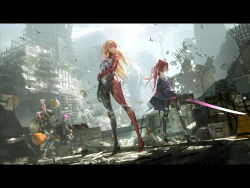 Rule 34 | 4girls, balloon, bare shoulders, blonde hair, city, cyberpunk, debris, fen bang laoda, high heels, highres, holding, holding stuffed toy, holding sword, holding weapon, jacket, letterboxed, long hair, multiple girls, original, outdoors, pink hair, red hair, robot, rubble, ruins, scenery, short hair, silver hair, sitting, skirt, standing, stuffed toy, sword, thighhighs, weapon
