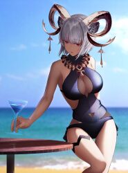 Rule 34 | 1girl, animal ears, arknights, bare shoulders, beach, blue sky, blunt bangs, breasts, carnelian (arknights), carnelian (shimmering dew) (arknights), casual one-piece swimsuit, cleavage, closed mouth, cup, dark-skinned female, dark skin, day, drinking glass, feet out of frame, goat ears, goat girl, goat horns, grey hair, highres, holding, holding cup, horizon, horns, jewelry, kureneko, large breasts, necklace, ocean, official alternate costume, one-piece swimsuit, outdoors, red eyes, short hair, sky, solo, standing, swimsuit, table, thigh gap, thigh strap, water