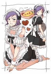 Rule 34 | 1boy, puff of air, alternate costume, aotch, apron, back bow, barefoot, between legs, black bow, black dress, blush, bow, bowtie, brown eyes, carrying, carrying under arm, choker, closed eyes, collarbone, commentary, crossdressing, dress, enmaided, food, frilled apron, frilled choker, frilled dress, frills, full body, garma zabi, gundam, hair bow, hand between legs, heart, highres, holding, holding tray, maid, maid apron, maid headdress, male focus, male maid, mobile suit gundam, multiple views, omelet, omurice, paper texture, plate, puffy short sleeves, puffy sleeves, purple hair, seiza, short hair, short sleeves, simple background, sitting, spoken squiggle, squiggle, sweat, tray, waist apron, white apron, white background, white bow, wrist cuffs