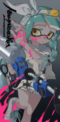 Rule 34 | 1girl, aqua hair, artist name, bow hairband, braid, braided sidelock, closed mouth, commentary request, commission, e-liter 4k (splatoon), gradient background, grey background, gun, hairband, highres, holding, holding gun, holding weapon, inkling, inkling girl, inkling player character, long hair, namazuoku, nintendo, paint, pointy ears, simple background, single braid, solo, splatoon (series), splatoon 3, tentacle hair, thick eyebrows, weapon, white hairband, yellow eyes
