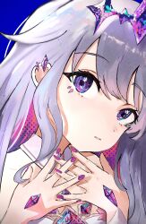 Rule 34 | 1girl, absurdres, blue background, chest jewel, colored inner hair, crown, csui d, detached collar, gem, highres, hololive, hololive english, koseki bijou, looking at viewer, multicolored eyes, multicolored hair, nail polish, purple eyes, purple hair, solo, virtual youtuber