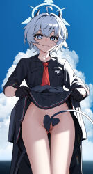 Rule 34 | 1girl, blue archive, clothes around waist, clothes lift, cloud, cloudy sky, convenient censoring, demon tail, erika (blue archive), ett01024, gloves, grey eyes, halo, highres, horns, jacket, jacket around waist, looking at viewer, necktie, no panties, partially visible vulva, pussy, pussy juice, pussy peek, school uniform, short hair, skirt, skirt lift, sky, sweat, tail, thighs, white hair
