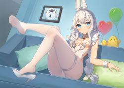 Rule 34 | + +, 1girl, 22 (dbq), absurdres, ahoge, animal ear fluff, animal ears, azur lane, balloon, bare shoulders, blue eyes, blush, braid, breasts, choker, closed mouth, collarbone, couch, creature, feet, full body, grey hair, hair ribbon, heart balloon, high heels, highres, knees together feet apart, le malin (azur lane), le malin (listless lapin) (azur lane), legs, leotard, long hair, looking at viewer, manjuu (azur lane), no shoes, o-ring, o-ring choker, official alternate costume, on couch, painting (object), panties, pillow, rabbit ears, revealing clothes, ribbon, shoe dangle, shoes, single shoe, sitting, small breasts, smile, solo, thigh strap, toes, twin braids, underwear, very long hair, white footwear, white leotard, white panties, white ribbon, wrist cuffs