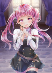 Rule 34 | 1girl, ayame (norie11), belt, blush, female focus, fire emblem, fire emblem: three houses, garreg mach monastery uniform, highres, hilda valentine goneril, long hair, long sleeves, looking at viewer, matching hair/eyes, nintendo, open mouth, own hands together, pink eyes, pink hair, smile, solo, thighhighs, thighs, twintails, uniform, window, zettai ryouiki