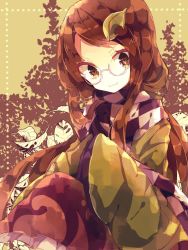 Rule 34 | 1girl, :3, autumn, autumn leaves, brown eyes, brown hair, brown skirt, checkered clothes, checkered scarf, commentary request, feet out of frame, frilled skirt, frills, futatsuiwa mamizou, futatsuiwa mamizou (human), glasses, green kimono, japanese clothes, kimono, leaf, leaf on head, long hair, long sleeves, looking at viewer, nikorashi-ka, own hands together, parted bangs, purple scarf, round eyewear, scarf, skirt, sleeves past fingers, sleeves past wrists, solo, touhou, white scarf, wide sleeves