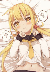 Rule 34 | 1girl, ?, bed sheet, black sailor collar, black skirt, blanket, blonde hair, blush, breasts, collarbone, crescent, from above, hair between eyes, kantai collection, lips, long hair, long sleeves, looking at viewer, looking up, low twintails, lying, navel, neckerchief, necktie, on back, ootori (kyoya-ohtori), sailor collar, satsuki (kancolle), satsuki kai ni (kancolle), school uniform, serafuku, shirt, skirt, small breasts, solo, twintails, upper body, white shirt, yellow eyes, yellow neckwear
