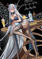 Rule 34 | 1girl, absurdly long hair, absurdres, aegir (azur lane), alcohol, alternate costume, arm under breasts, artist name, ass, azur lane, ballot, bare shoulders, beer, black background, black gloves, black thighhighs, blue dress, blue flower, blush, breasts, china dress, chinese clothes, criss-cross halter, cross, demon horns, detached collar, dress, floral print, flower, full body, gloves, gold footwear, golden miocola, hair between eyes, half gloves, halterneck, high heels, highres, horns, iron cross, lace, lace-trimmed legwear, lace trim, large breasts, leaning forward, leg up, long hair, manjuu (azur lane), mole, mole under eye, pelvic curtain, red hair, shoes, solo, standing, standing on one leg, stiletto heels, thighhighs, very long hair, vodka, whiskey, white hair, yellow eyes