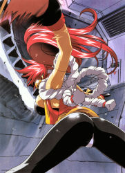 Rule 34 | 1990s (style), 1girl, absurdres, ass, bloodberry, breasts, from behind, from below, gloves, highres, kotobuki tsukasa, long hair, official art, red hair, retro artstyle, saber marionette j, solo, spandex, thong