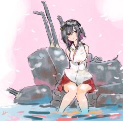Rule 34 | 1girl, bare shoulders, black hair, blush, breasts, closed mouth, detached sleeves, hair ornament, headgear, highres, kantai collection, machinery, medium breasts, nontraditional miko, purple hair, red eyes, short hair, signature, sitting, soaking feet, solo, sunday aki, turret, water, wide sleeves, yamashiro (kancolle)