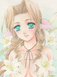 Rule 34 | 1990s (style), 1girl, aerith gainsborough, bad id, bad pixiv id, bow, breasts, brown hair, censored, convenient censoring, final fantasy, final fantasy vii, flower, green eyes, lipstick, long hair, makeup, nude, pink bow, ponytail, solo, traditional media, yukiou