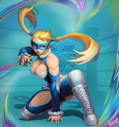Rule 34 | 1girl, bare shoulders, blonde hair, blue eyes, boots, breasts, cleavage, katoyo85, knee pads, large breasts, leotard, long hair, mask, muscular, muscular female, rainbow mika, shoulder cutout, solo, street fighter, street fighter v, twintails, wrestling outfit, wrestling ring