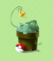 Rule 34 | bulbasaur, claws, closed eyes, closed mouth, creatures (company), fangs, flower pot, game freak, gen 1 pokemon, green background, nintendo, nostrils, plant, poke ball, poke ball (basic), pokedex number, pokemon, pokemon (creature), simple background, solo, tsugu (tsugu5656), vines, water drop, watering can