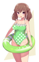 Rule 34 | 1girl, :d, alice gear aegis, bare arms, bare shoulders, blush, breasts, brown background, brown hair, collarbone, commentary request, fang, frilled swimsuit, frills, green one-piece swimsuit, groin, hair between eyes, highleg, highleg swimsuit, innertube, kimikage yui, looking at viewer, medium breasts, one-piece swimsuit, open mouth, purple eyes, smile, solo, stroma, swim ring, swimsuit, twintails, two-tone background, white background