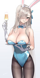 Rule 34 | 1girl, absurdres, animal ears, asuna (blue archive), asuna (bunny) (blue archive), bare shoulders, blue archive, blue eyes, blue leotard, blush, breast rest, breasts, brown pantyhose, carried breast rest, carrying, cleavage, cup, detached collar, drinking glass, elbow gloves, fake animal ears, gloves, grin, hair over one eye, highleg, highleg leotard, highres, kaedeko (kaedelic), large breasts, leotard, light brown hair, long hair, looking at viewer, mole, mole on breast, pantyhose, playboy bunny, rabbit ears, smile, solo, thighs, tray, white gloves