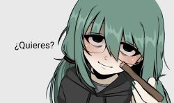 Rule 34 | 1girl, absurdres, black eyes, black hoodie, chromatic aberration, cigar, closed mouth, drawstring, glasses, green eyes, green hair, green nails, grey background, hair between eyes, hatsune miku, highres, hood, hood down, hoodie, joint (drug), light smile, long hair, looking at viewer, meme, nail polish, simple background, snale, solo, spanish text, twintails, vocaloid