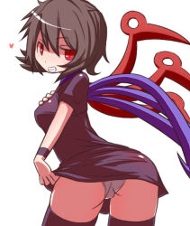 Rule 34 | 1girl, ass, asymmetrical wings, bad id, bad pixiv id, black hair, black thighhighs, clothes lift, dress, dress lift, from behind, grin, hakika, heart, houjuu nue, looking back, panties, red eyes, short hair, slit pupils, smile, solo, thighhighs, touhou, underwear, white panties, wings