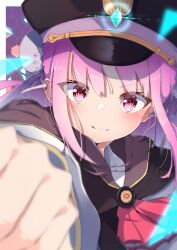 Rule 34 | 1girl, absurdres, black hat, black jacket, blurry, blush, closed mouth, commentary request, depth of field, gem, green gemstone, hat, heaven burns red, highres, jacket, kunimi tama, long hair, looking at viewer, mashiron (mashiron8), peaked cap, pink hair, red ribbon, ribbon, sidelocks, smile, solo, upper body
