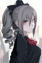 Rule 34 | 1girl, ascot, black dress, blush, bow, bright pupils, dress, drill, from side, gothic lolita, hair between eyes, hair bow, idolmaster, idolmaster cinderella girls, kanzaki ranko, lolita fashion, looking at viewer, looking to the side, red ascot, red eyes, sawarakajin, solo, twintails, upper body