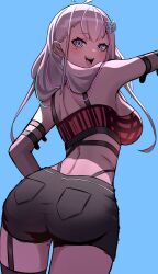 Rule 34 | 1girl, absurdres, ahoge, aqua hair, arm belt, ass, black garter straps, black shorts, blue background, bra, breasts, detached sleeves, earrings, ember amane, garter straps, grey hair, hair ornament, highleg, highleg panties, highres, jewelry, large breasts, long hair, looking at viewer, looking back, median furrow, mole, mole on thigh, mole under eye, multicolored hair, open mouth, panties, phase connect, pink hair, plaid, plaid bra, pocket, purple eyes, red bra, shorts, silva arts, solo, streaked hair, taut clothes, taut shorts, underwear, virtual youtuber
