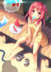 Rule 34 | 1girl, bare shoulders, barefoot, blurry, blush, depth of field, feet, food, fruit, hair ornament, hairclip, hose, kinta (distortion), long hair, mouth hold, original, pink eyes, pink hair, plate, popsicle, sandals, unworn sandals, shoes, unworn shoes, side ponytail, sitting, solo, tatami, v arms, veranda, watermelon, wind chime