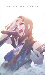 Rule 34 | 1girl, arm belt, bang dream!, blue eyes, breasts, brown hair, commentary, electric guitar, english commentary, english text, eyelashes, fingernails, from below, guitar, hair over one eye, hair strand, hand on own head, hand up, highres, holding, holding instrument, instrument, medium breasts, medium hair, microphone, microphone stand, music, open mouth, regition, signature, singing, sleeveless, smoke, solo, teeth, upper body, vest, wakana rei, white background