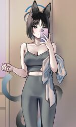 Rule 34 | 1girl, absurdres, alternate costume, animal ears, black eyes, black hair, blue archive, blue halo, breasts, camisole, cat ears, cat tail, cellphone, cleavage, collarbone, grey camisole, grey pants, halo, highres, holding, holding phone, indoors, kikyou (blue archive), medium breasts, multiple tails, pants, phone, raki kr, short hair, smartphone, solo, tail, two tails