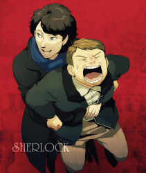 Rule 34 | 2boys, animification, bad id, bad pixiv id, blue eyes, brown hair, character name, closed eyes, coat, commentary request, copyright name, from above, highres, jacket, john hamish watson, long sleeves, looking to the side, male focus, multiple boys, open clothes, open jacket, open mouth, pants, red background, scarf, sherlock (bbc), sherlock holmes, sherlock holmes (sherlock), simple background, smile, standing, sweatdrop, sweater, t k g, teeth, the adventures of sherlock holmes, wince