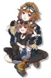 Rule 34 | 2girls, aged down, animal ears, boots, brown hair, chin rest, clone, doughnut, dual persona, dummy (girls&#039; frontline), eyewear on head, food, girls&#039; frontline, gloves, grizzly mkv (girls&#039; frontline), grizzly mkv (teddy transform!) (girls&#039; frontline), head on head, head rest, highres, izumi4195202, jacket, jewelry, midriff, multiple girls, necklace, official alternate costume, pantyhose, purple eyes, short hair, shorts, sitting, sitting on lap, sitting on person, sunglasses, white background