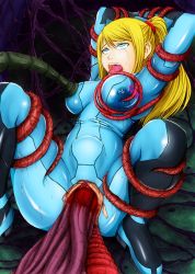Rule 34 | artist request, blonde hair, blood, blue eyes, bodysuit, breast sucking, breasts, covered erect nipples, grabbing, grabbing another&#039;s breast, metroid, nintendo, nipples, pussy, rape, samus aran, skin tight, spread legs, stomach bulge, tagme, tears, tentacles, torn clothes, uncensored, vaginal, zero suit