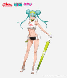 Rule 34 | 1girl, aqua eyes, aqua hair, bare legs, bare shoulders, black shorts, body writing, character name, closed mouth, closed umbrella, clothes writing, company name, crop top, double bun, full body, gloves, goggles, goggles on head, goodsmile racing, hair between eyes, hair bun, hatsune miku, highres, hood, hood down, long hair, looking at viewer, navel, neco, official art, racing miku, racing miku (2022), short shorts, shorts, simple background, smile, solo, standing, stomach, toeless legwear, toned, twintails, umbrella, white background, white footwear, white gloves