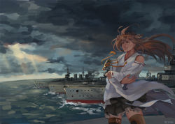 Rule 34 | 10s, 1girl, bare shoulders, brown eyes, brown hair, cloud, cloudy sky, detached sleeves, haruna (kancolle), headgear, hiei (kancolle), kantai collection, kirishima (kancolle), kongou (kancolle), nontraditional miko, ocean, pleated skirt, ribbon-trimmed sleeves, ribbon trim, ship, skirt, sky, smile, solo, sunlight, thighhighs, watercraft, z.i