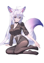 Rule 34 | 1girl, absurdres, ahoge, animal ears, antenna hair, barefoot, belt, black choker, black pantyhose, black shirt, breasts, choker, collarbone, collared shirt, dress shirt, extra ears, feet, fingernails, fox ears, fox girl, fox tail, hair between eyes, hair intakes, highres, kirby d a, long hair, long sleeves, looking at viewer, open mouth, original, pantyhose, purple eyes, shirt, simple background, sitting, sleeves rolled up, smile, solo, tail, thighs, toes, very long hair, white background, white hair