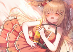 Rule 34 | 1girl, akai haato, akai haato (gothic lolita), alcohol, blonde hair, blush, bottle, bow, breasts, cleavage, closed eyes, dress, drunk, fang, hair bow, hair ornament, heart, heart hair ornament, heart necklace, highres, hololive, jewelry, long hair, lying, magowasabi, necklace, on back, on bed, one side up, open mouth, red bow, saliva, skin fang, sleeping, smile, solo, squeans, virtual youtuber, x hair ornament