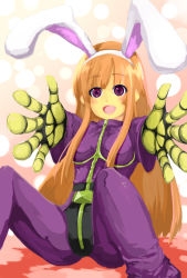 Rule 34 | 1girl, alternate hair color, animal ears, bad id, bad pixiv id, rabbit ears, chaps, cropped jacket, fake animal ears, gloves, kula diamond, long hair, luxima, orange hair, outstretched arms, purple eyes, sitting, smile, solo, the king of fighters, zipper