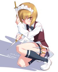Rule 34 | 1girl, bartender, black bow, black bowtie, blonde hair, blunt bangs, blush, bow, bowtie, brown vest, closed mouth, commentary, cutlass (girls und panzer), dated, dress shirt, dual wielding, frown, full body, girls und panzer, handkerchief, highres, holding, holding knife, holding weapon, knife, kuzuryuu kennosuke, legs, loafers, long sleeves, looking at viewer, maid headdress, miniskirt, on one knee, one-hour drawing challenge, panties, pleated skirt, print socks, school uniform, shadow, shirt, shoes, short hair, side-tie panties, skirt, socks, solo, thigh strap, throwing knife, twitter username, underwear, vest, weapon, white background, white footwear, white shirt, white skirt, wing collar, yellow eyes