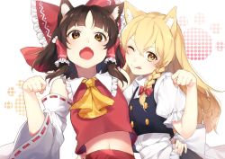 Rule 34 | 2girls, :o, ;q, animal ears, apron, ascot, black vest, blonde hair, blush, bow, braid, breasts, brown eyes, brown hair, cat ears, closed mouth, detached sleeves, fangs, flat chest, frilled shirt collar, frills, hair bow, hakurei reimu, hand on another&#039;s hip, head tilt, highres, jill 07km, kemonomimi mode, kirisame marisa, long hair, looking at viewer, medium hair, midriff peek, multiple girls, navel, no headwear, one eye closed, open mouth, paw pose, paw print, paw print background, puffy short sleeves, puffy sleeves, red bow, shirt, short sleeves, simple background, single braid, small breasts, tongue, tongue out, touhou, upper body, vest, white background, white shirt, wide sleeves, yellow ascot