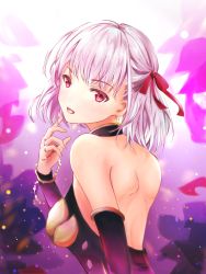 Rule 34 | 1girl, :d, absurdres, backless outfit, bad id, bad pixiv id, black sleeves, bracelet, detached sleeves, fate/grand order, fate (series), from side, hair ribbon, highres, jewelry, kama (fate), kama (first ascension) (fate), long sleeves, looking at viewer, open mouth, pink hair, red eyes, red ribbon, ribbon, shiki kayanotani, short hair, shoulder blades, smile, solo, upper body
